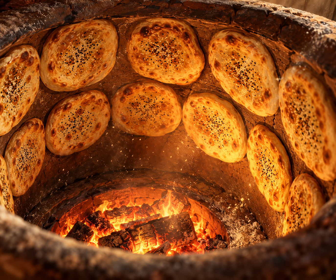 Illustration of round flatbreads baking in rows inside a glowing clay tandoor oven
