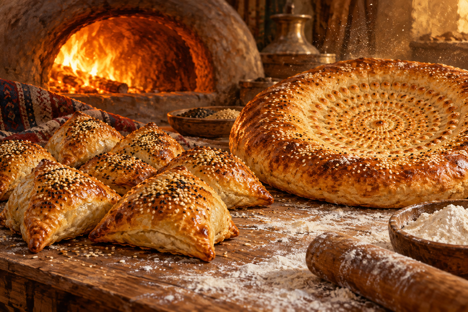 Illustration of sesame-topped samsa pastries and a large round flatbread on a floured counter